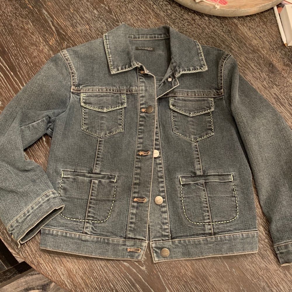 Tahari Lime Stitch Denim Jacket size SP